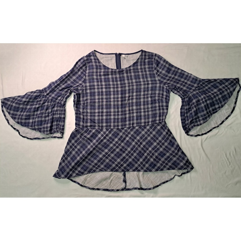 Kensie XL Plaid Lined‎ Blouse Bell Sleeve Cottagecore Boho Prairie Country